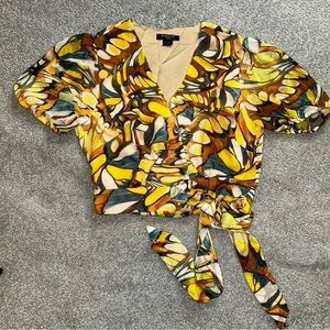 Guess by Marciano Yellow and Brown Abstract Crop Top